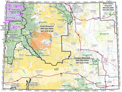 Wyoming BIA, NPS, and USFS Radio Repeaters map graphic